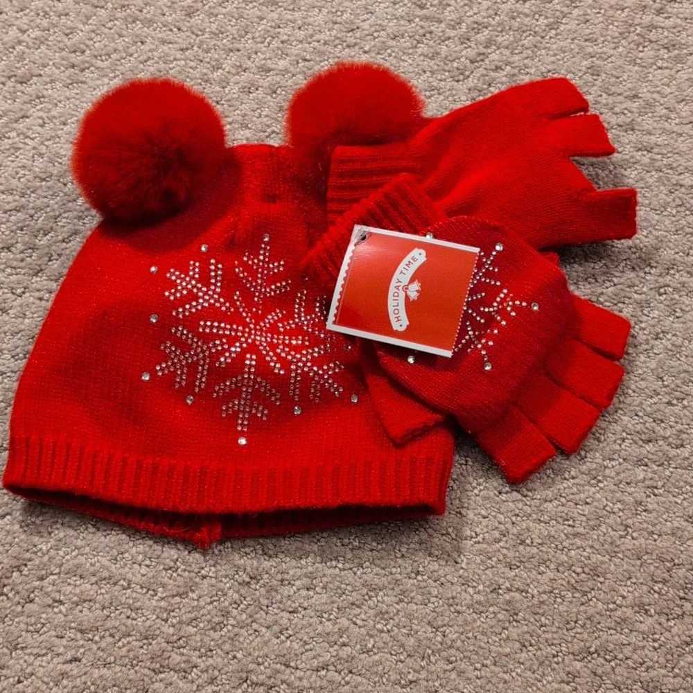 Kid's Red Rhinestone Snowflake Hat and Gloves NWT